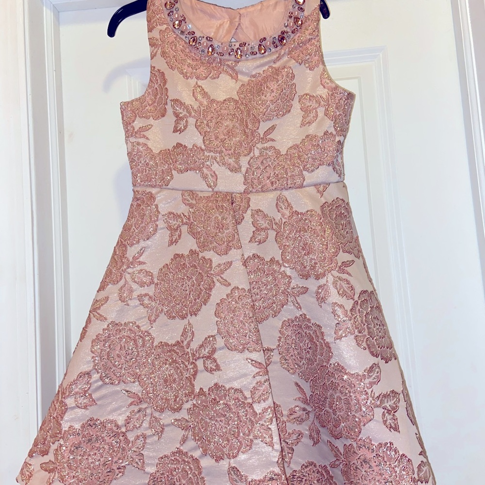 Girls pink & silver dress with jewel neckline, small opening in the back, size 7